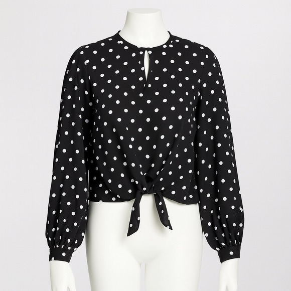 Express Polka Dot Tie Front Top Keyhole Blouse Petite XS Long Sleeve - Picture 1 of 10